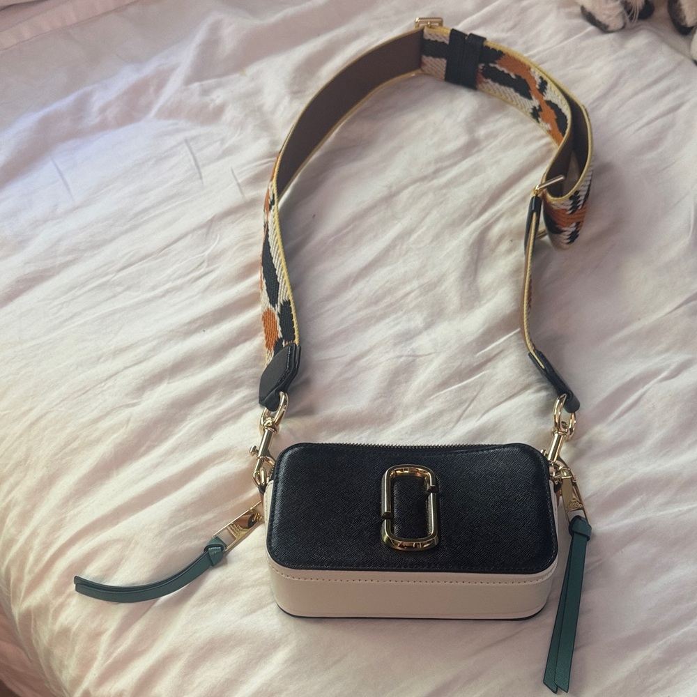 Marc Jacobs Black and Cream Crossbody Bag with Patterned Strap